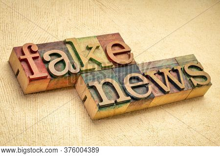 fake news word abstract in vintage letterpress wood type against textured paper, social media, information overload and infodemic concept