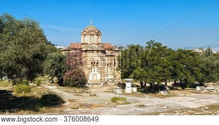 Church Of Holy Apostles In Ancient Agora, Athens, Greece. Panoramic View Of Monument Of Byzantine Cu