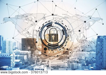 Digital Padlock, Polygonal Map And Data Protection Interface On City Background. Access, Password An