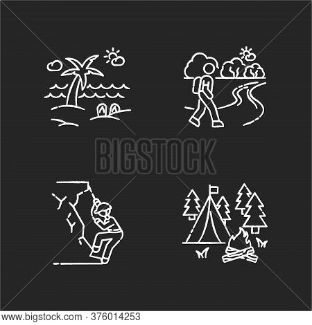 Outdoor Recreation Chalk White Icons Set On Black Background. Active Rest And Natural Tourism. Summe