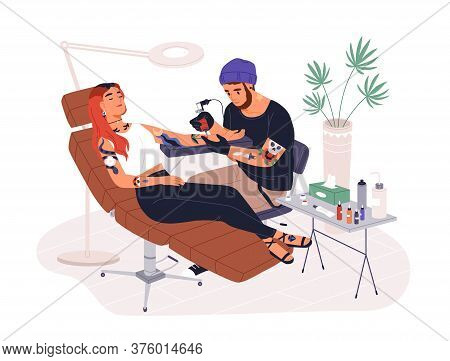 Hipster Guy Tattoo Master At Work Vector Illustration. Professional Tattooer Working With Female Cli