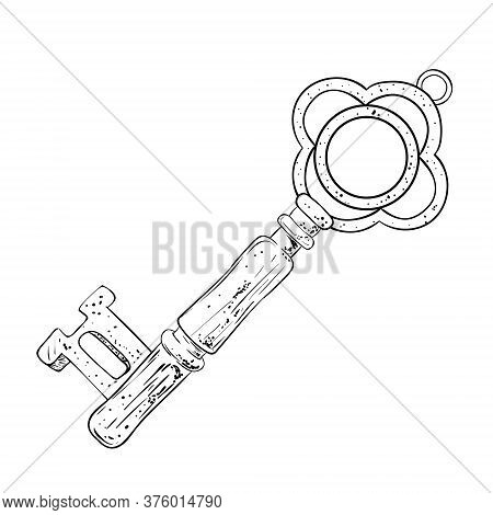 Antique Key, Black And White Vector Illustration