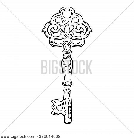 Antique Key, Black And White Vector Illustration