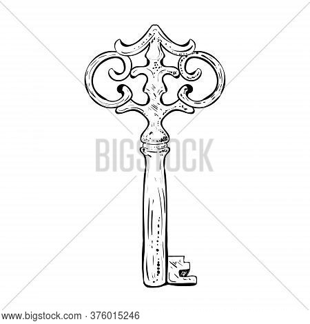Antique Key, Black And White Vector Illustration