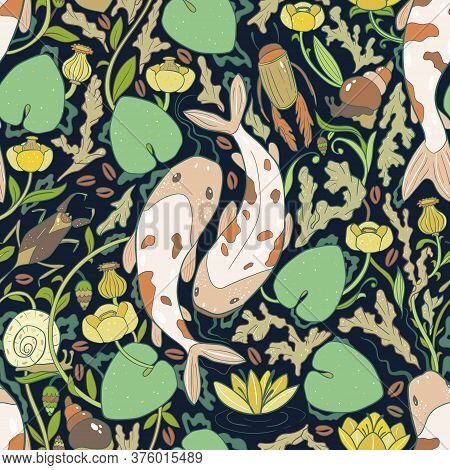 Vector Pattern Fishes In A Flowering Pond.