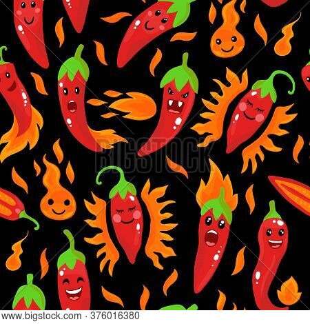Cute Seamless Pattern With Cartoon Chili Peppers
