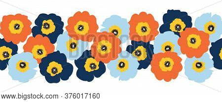 Seamless Vector Flower Border Red Orange And Blue Flowers. Repeating Floral Pattern Scandinavian Sty