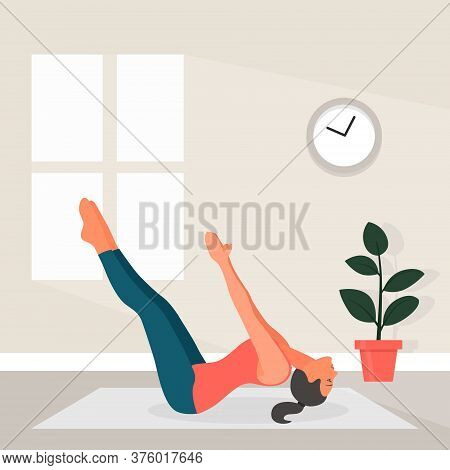 Female Yoga In Flat Style. Vector Illustration Of Beautiful Cartoon Woman In Matsyasana Pose Of Yoga