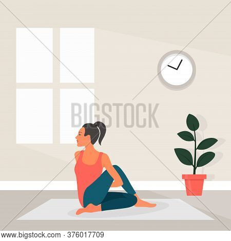 Female Yoga In Flat Style. Vector Illustration Of Beautiful Cartoon Woman In Matsyendrasana Pose Of 