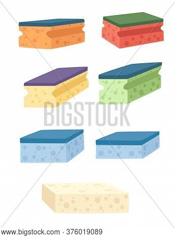 Set Of Foam Rubber Sponge To Wash Dishes Colored Washcloth With Soft And Hard Coating Flat Vector Il