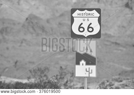 Oatman Sign, A Wild West Ghost Town In Black And White. On U.s. Route 66 In The Black Mountain Range