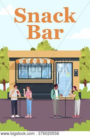 Snack Bar Poster Template. Commercial Flyer Design With Semi Flat Illustration. Vector Cartoon Promo