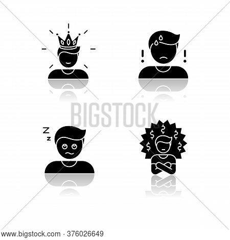 Negative Feelings And Bad Traits Drop Shadow Black Glyph Icons Set. Human Emotions, Personal Feeling