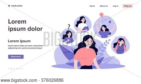Woman Suffering From Mood Changes. Female Character Feeling Various Emotions, Celebrating, Crying, G