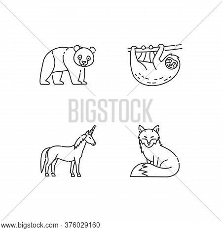 Common And Fantasy Animals Pixel Perfect Linear Icons Set. Panda Bear, Sloth, Fox And Magic Unicorn 