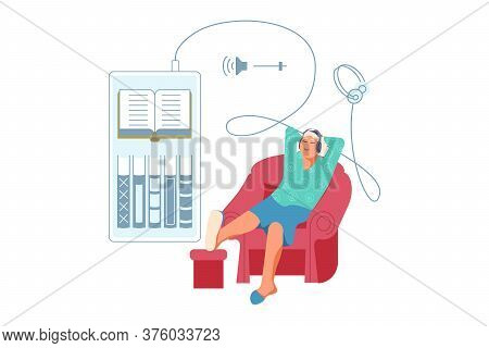 Elderly Man Listening Music Or Audiobook Through Headphones. Grandmather Is Using Digital Technology