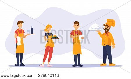 Waiters, Waitress And Shef Cook In Orange Uniform Greet Guests Of A Cafe On Gray Background.