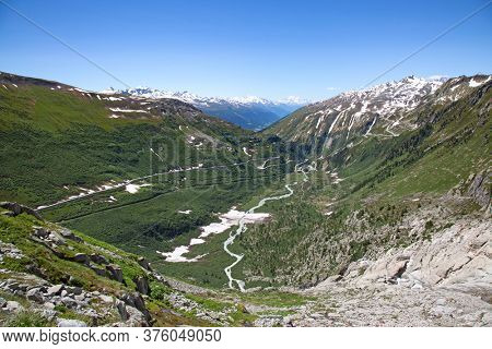 Rhone glacier, source of Rhone river, melting and retreating due to global warming. Rhone glacier is loosing up to 2 meters in length every year.