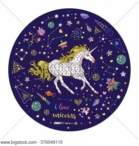 Cute Illustration Of Skittish Starry Unicorn Inside Blue Circle Filled With Constellations, Stars, C