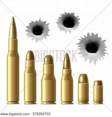 Realistic Metal Bullet And Gunshot Hole Set Isolated On White Background