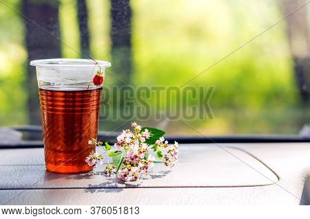 Plastic Cup Of Tea With A Berry And A Sprig Of Oregano On The Car Panel.