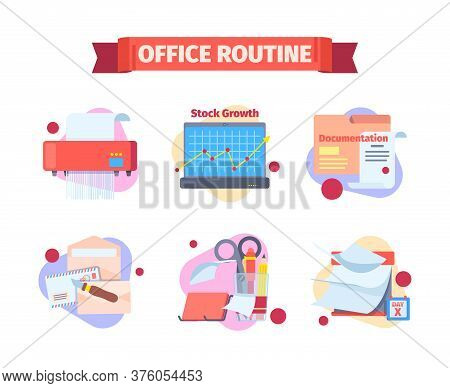 Office Work Routine Set. Moments Working Schedule Destruction Papers By Shredder Checking Infographi