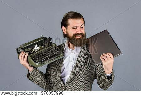 Happy Smile. Successful Businessman Use Retro Typewriter And Computer. Mature Man Hold Vintage Devic