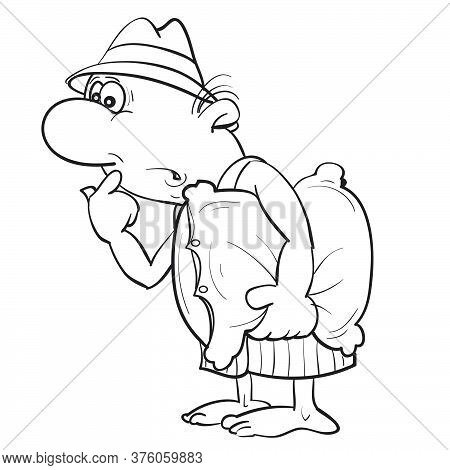 Caricature Of A Man Who Stands In Shorts And A Hat With A Pillow Under His Armpit, Sketch, Isolated 
