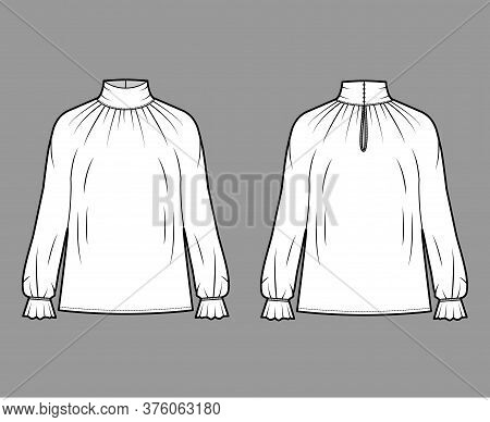 Turtleneck Blouse Technical Fashion Illustration With Long Sleeves, Flouncy Ruffled Cuffs, Oversized