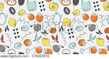 Kitchen Seamless Pattern For Menu, Print. Food And Drink Doodles In Scandinavian Color. Background W