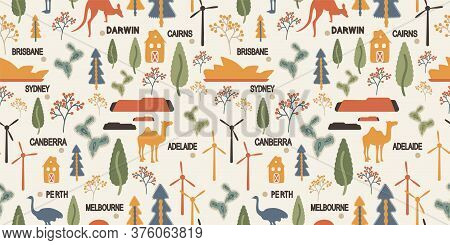 Background With Wind Farm, Canberra, Sydney Opera House, Kangaroo, Ostrich, Camel, Desert And Cactus
