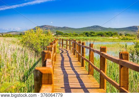 Beautiful Nature Park Vrana Lake (vransko Jezero), Dalmatia, Croatia, Wooden Path In Observation Par