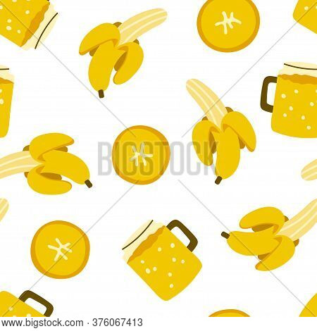 Seamless Pattern With Yellow Whole And Slices Of Bananas And Juice In A Glass. Juicy And Tasty Fruit