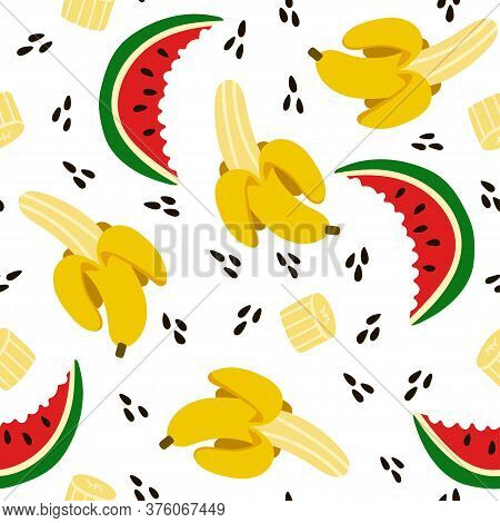 Seamless Pattern With Yellow Bananas, Slices Of Red Watermelons, Seeds. Repeating Endless Elements. 
