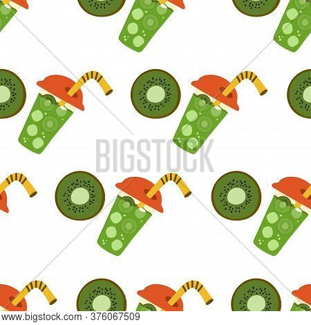 Seamless Pattern With Green Kiwi And Glasses With Smoothie. Repeating Endless Elements. Juicy And Ta