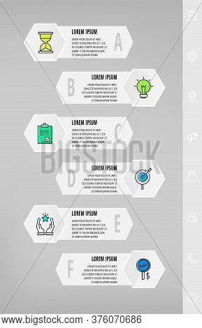 Infographics With 6 Hexagons, Arrows. Modern Vector Template. Can Be Used For Six Diagrams, Web, Pre