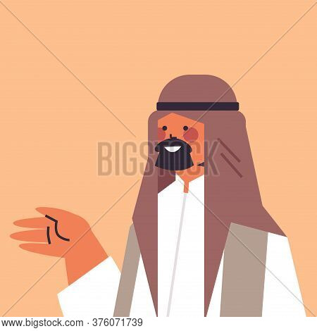 Arabic Man In Traditional Clothes Pointing Hand At Something Smiling Arab Guy Avatar Male Cartoon Ch