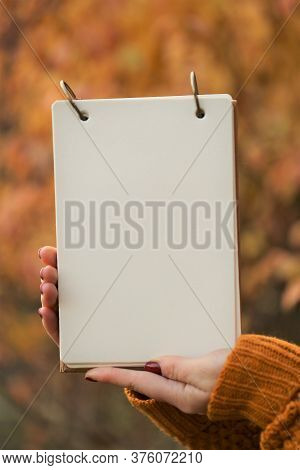 Autumn Mock Up.back To School. Blank White Notebook In The Hands On Blurred Yellow Autumn Foliage Ba