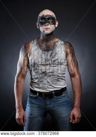 Picture Of Bald Dirty Guy On Gray Background