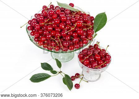 Freshly Picked Sour Cherries In The Vintage Glass Vase For Fruits And Small Glass Cup And Several Le