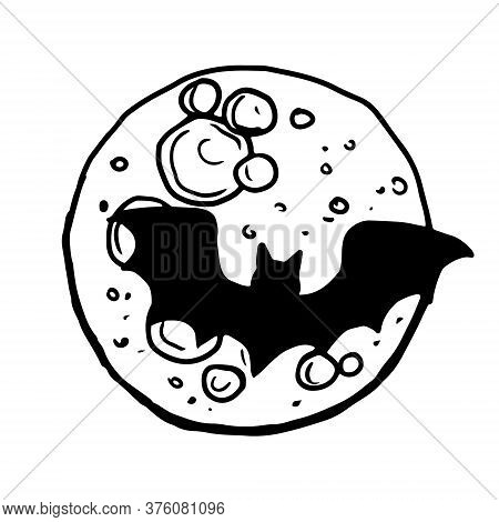 Black Silhouette Of A Bat On The Background Of The Full Moon. Hand Drawn Sketch Halloween Symbol Of 