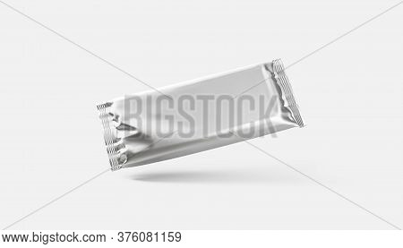 Blank Silver Chocolate Bar Foil Wrap Mockup, Gray Background, 3d Rendering. Empty Cacao Dessert Tinf