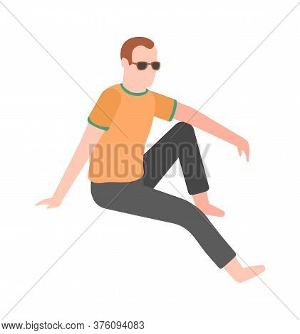 Man Sitting Outdoor. Cartoon Character In Sunglasses Enjoys Life, Good Mood, Teen Sit On Grass In Pa