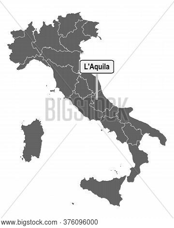 Detailed And Accurate Illustration Of Map Of Italy With Road Sign Of Laquila