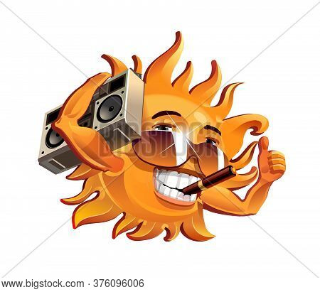 The Fun Sun, Smokes A Cigar And Listens To The Tape Recorder. Vector Illustration