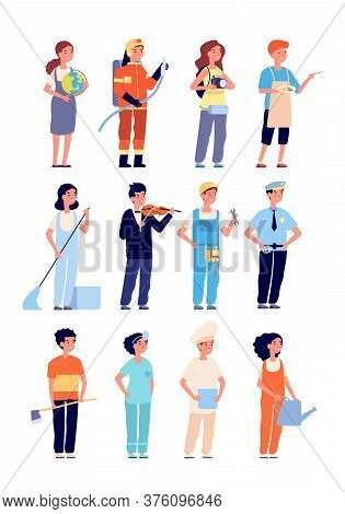Kids Professions. Children Workers In Professional Uniform. Isolated Cartoon Girl Boy Engineering Bu