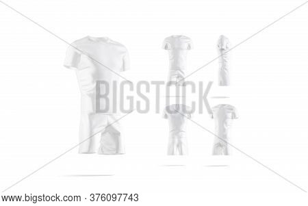 Blank White Soccer Uniform T-shirt And Short Mockup, Different Sides, 3d Rendering. Empty Sport Play