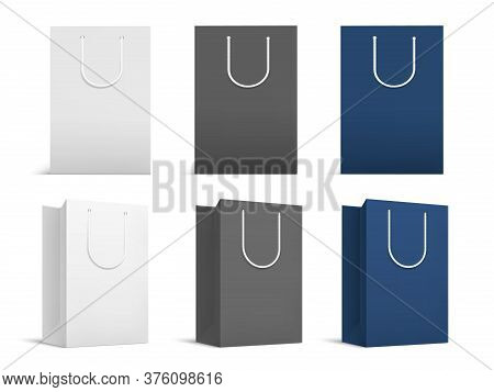 Realistic Shopping Bags Mockup. White Black Paper Packs, Isolated 3d Front And Turned Blank Gift Pac