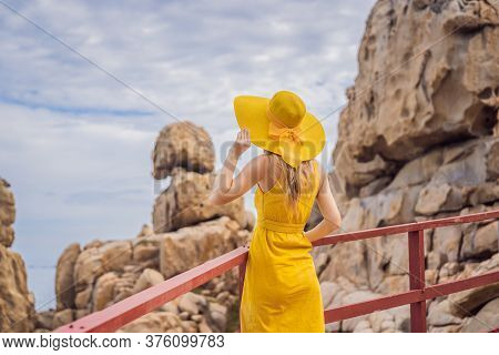 Traveler Woman Joy Fun Relaxing On Wood Bridge Looking Beautiful Destination Island. Tourism Natural