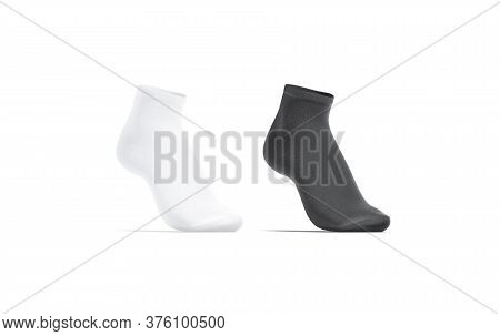 Blank Black And White Ancle Socks Mockup Set, Half-turned View, 3d Rendering. Empty Cotton Short Soc